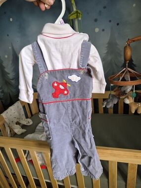 Vintage 80s Gray Corduroy Kids Overalls Set with Red Airplane Appliqué